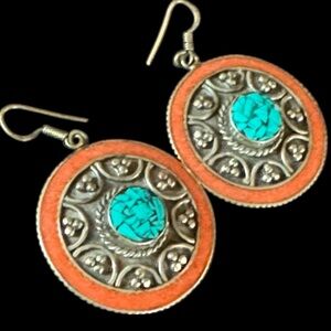 Nepalese Coral and Turquoise Boho Earrings